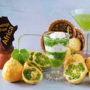 Kiwano Rund Jelly Melon with melon juice and yogurt pudding cup on a light background.