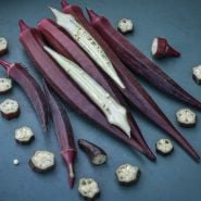 Bowling Red Okra halved with slices.