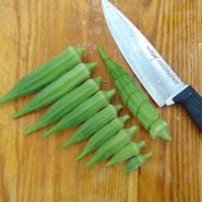 Heavy Hitter Okra pods in varying sizes, courtesy Ron Cook.