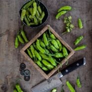 Looking from above, fresh and grilled Shishito Sweet Peppers next to a  knife on a wood background
