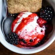 Vegan blackberry ice cream garnished with Sweetie Pie Blackberries in a bowl.