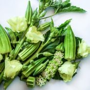 Eagle Pass Okra arranged with leaves and blooms on white background.