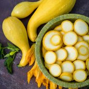 Crookneck Early Golden Summer Squash with a bowl full of slices on a rustic background.