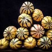 Delicata Winter Squash stacked up on a table against a black background.