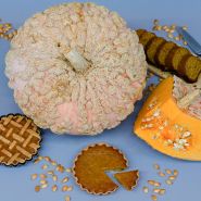 Cut and whole Galeux D' Eysines Winter Squash with mini pumpkin pies, pumpkin bread and roasted seeds. 