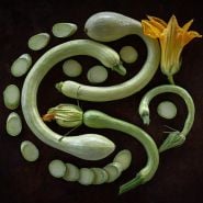 Whole and sliced Zucchino Rampicante Summer Squash arranged on dark copper background.