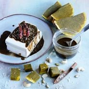 Cut and cubed Ayote Green Flesh Winter Squash with a dessert topped with chocolate squash sauce.