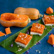 Honeynut Butternut Winter Squash with dessert recipe on deep blue background.