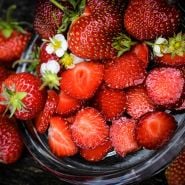 Old North Sea Strawberries sliced in a Baccarrat crystal dish with blooms.