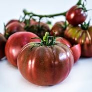 A cluster of Black from Tula Tomatoes with the focus on the front tomato on a high key background.