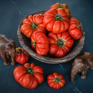 A wooden bowl full of Burmese Sour Tomatoes with wooden elephants on a jade background.