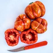 Whole and cut Get Stuffed Tomatoes on a white background.