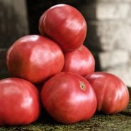 A stack of half a dozen Mortgage Lifter Tomatoes on an old wooden bench.