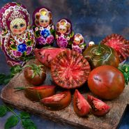 Cut and whole Paul Robeson Tomatoes with Russian nesting dolls on a dark background.
