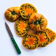 Sliced and whole Thorburn's Terra-Cotta Tomatoes with a dark green handled knife on white background.