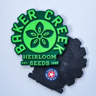 Baker Creek logo magnet lime green showing the back made in USA sticker