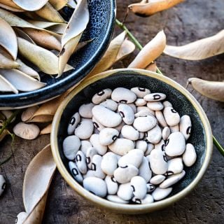 A bowl of Alabama Blackeyed Butterbean Lima Beans with hulls in anotherbowl on a wooden background.