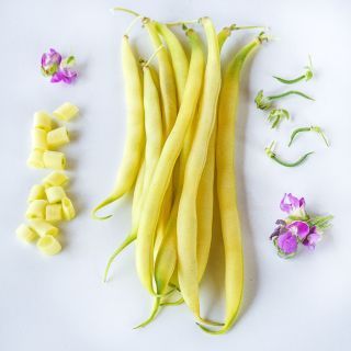 Cut and whole Beurre De Rocquencourt Beans with pink blooms arranged on a white background.