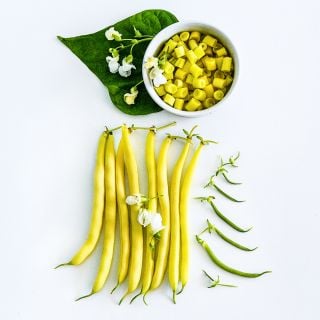 Cut and whole Golden Butterwax Beans arranged on white background with blooms.