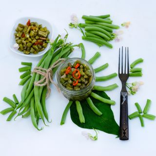 Whole and cut Calima Beans with pickled beans, blooms and foliage arranged on white background.