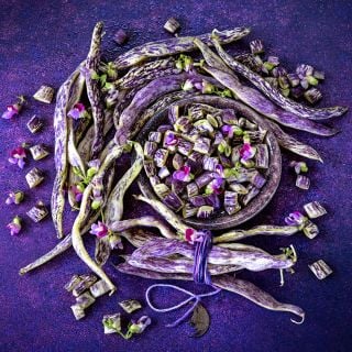 Cut and whole Dragon Tongue Beans arranged on a dark purple background.
