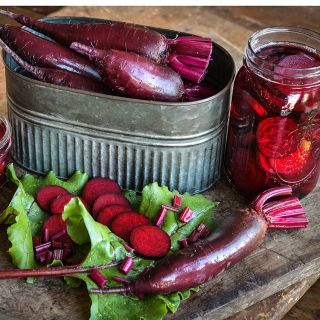 Cylindra Beets with foliage and pickled slices.
