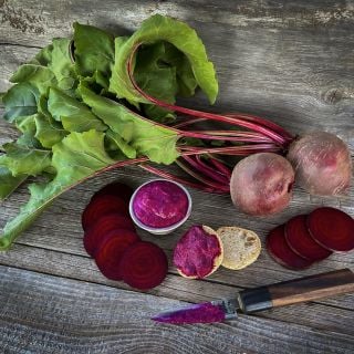 Detroit Dark Red Beets with leaves and red beet hummus. Image courtesy of Lucy Hutchins.