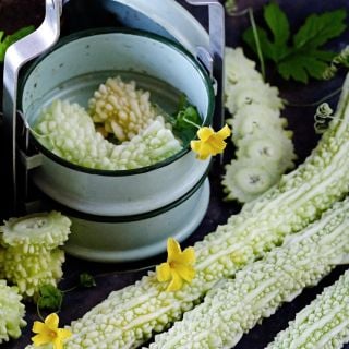 Close-up cut and whole Long White Reishi Bitter Melons with blooms.