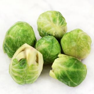 A half dozen Groninger Brussels Sprouts on a white marble background.