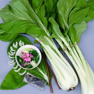 A couple of tied heads of Snow White Bok Choy with a steamed bowl of greens and stems.