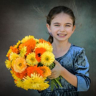 Malia Gettle holding a bouquet of Pacific Beauty Mix Calendula.