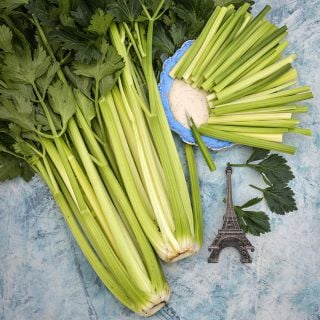 D'Elne Celery stalks with dip and miniature Eifel Tower.