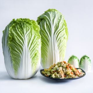 A couple of heads of Hilton Chinese Cabbage with a plate full of cabbage fried rice on a white background.