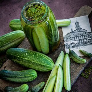Boston Pickling Cucumbers in pickle jar.