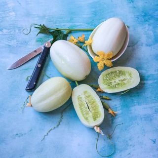 Dragon's Egg Cucumber on blue background.