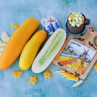 Gele Tros Cucumber on blue background with colorful cutting board.
