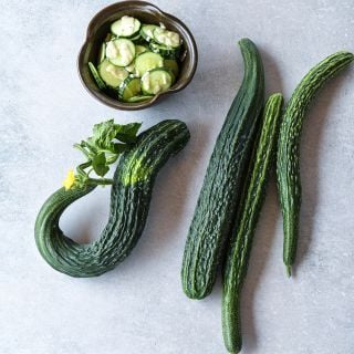 Suyo Long Cucumber in interesting shape on light background.