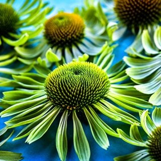 A close-up view of about a half dozen Alan's Pride Echinacea flowers on blue background.