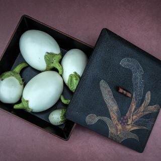 Japanese White Egg Eggplant in decorative box.