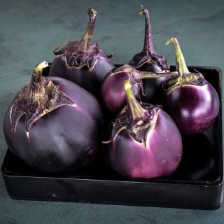 Kamo Eggplant in shallow black dish.