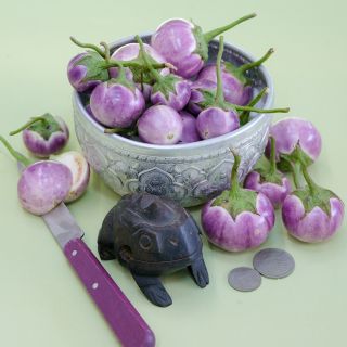 Thai Lavender Frog Egg Eggplants in silver bowl.