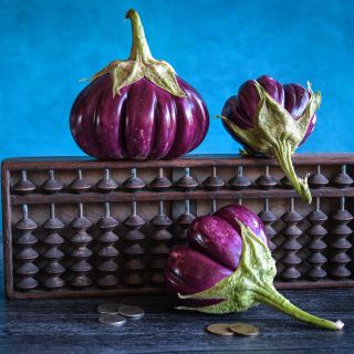 Thai Purple Ribbed Eggplant on antique abacus with blue background,