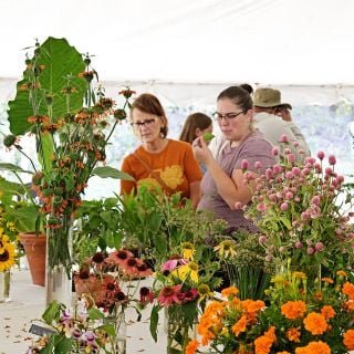 Crowd looking at the flowers in the exhibition tent at the Baker Creek Fall Harvest Festival.