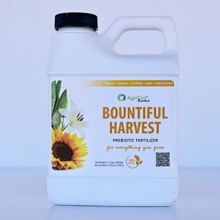 A single bottle of Bountiful Harvest Prebiotic Fertilizer on a white background.