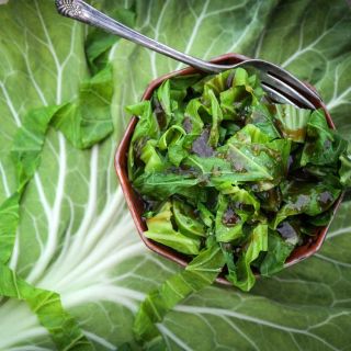 Kale salad in bowl on top of a single leaf of Tronchuda Kale.