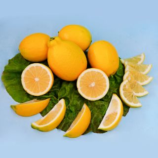Cut and whole Meyer Lemon fruit arranged on top of some lettuce on a light blue background.