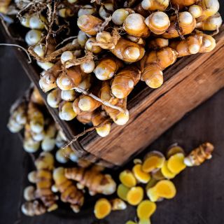 Overhead view of a wooden box full of Yellow Turmeric roots.
