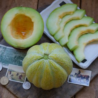 Ananas D'Amerique A Chair Verte Melon with slices.