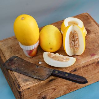 Mango Melons on wooden box.