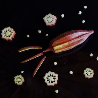 Alabama Red Okra pods and slices in decorative rocket shape.